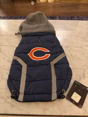 NFL Chicago Bears Navy Blue & Orange Puffer Dog Jacket with Gray Hood